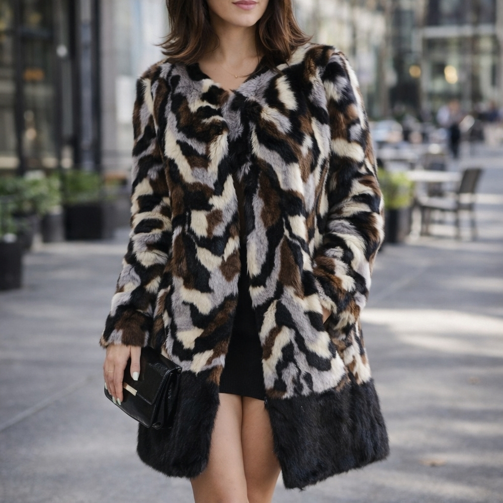 Adrienne Landau NWT Faux Fur Animal Print Coat Jacket Brown Black Gray L